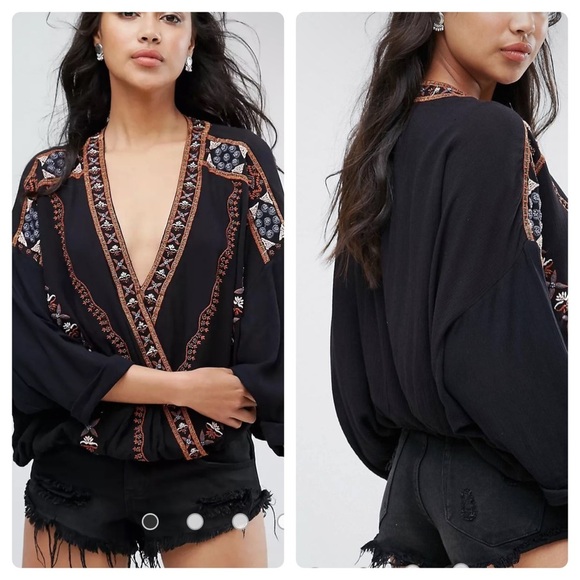 Free People Tops - Free People Crescent Moon Embroidered Beaded Top Blouse SZ S